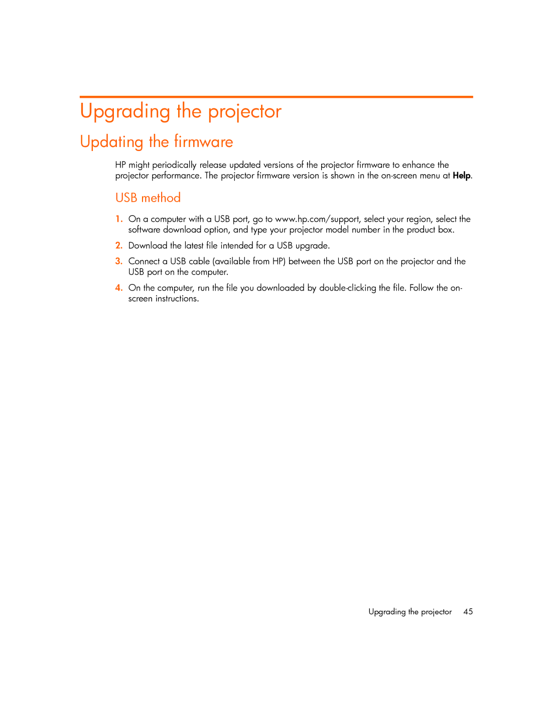 HP mp2210, mp2215 manual Upgrading the projector, Updating the firmware 