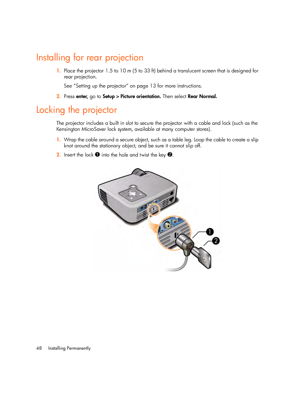 HP mp2215, mp2210 manual Installing for rear projection, Locking the projector 