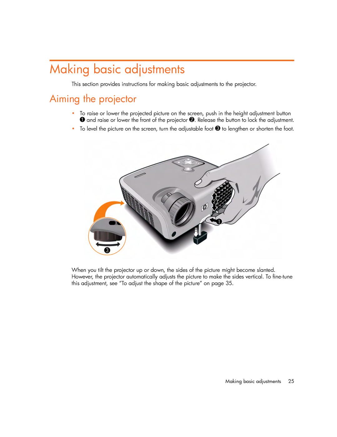 HP mp2220 manual Making basic adjustments, Aiming the projector 