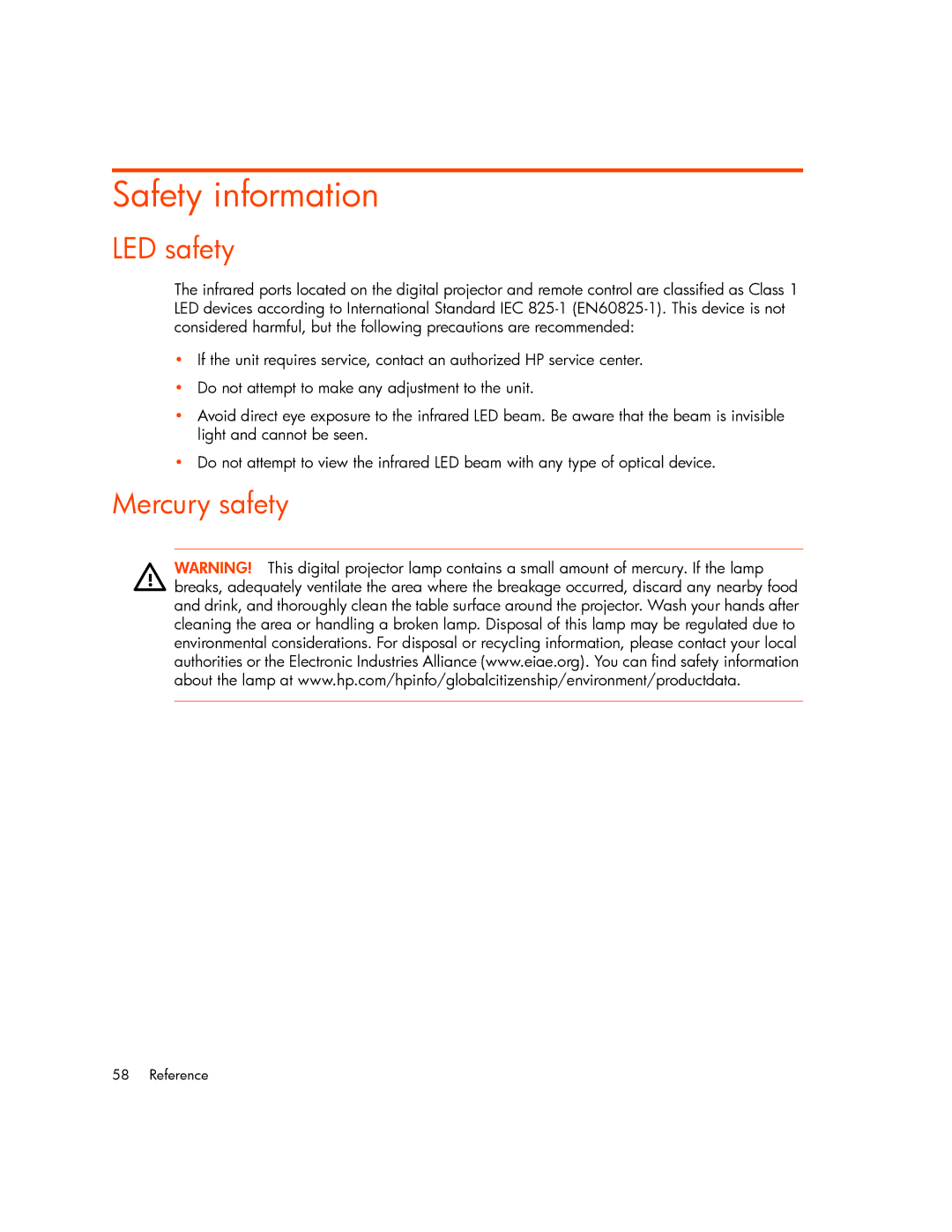 HP mp2220 manual Safety information, LED safety, Mercury safety 