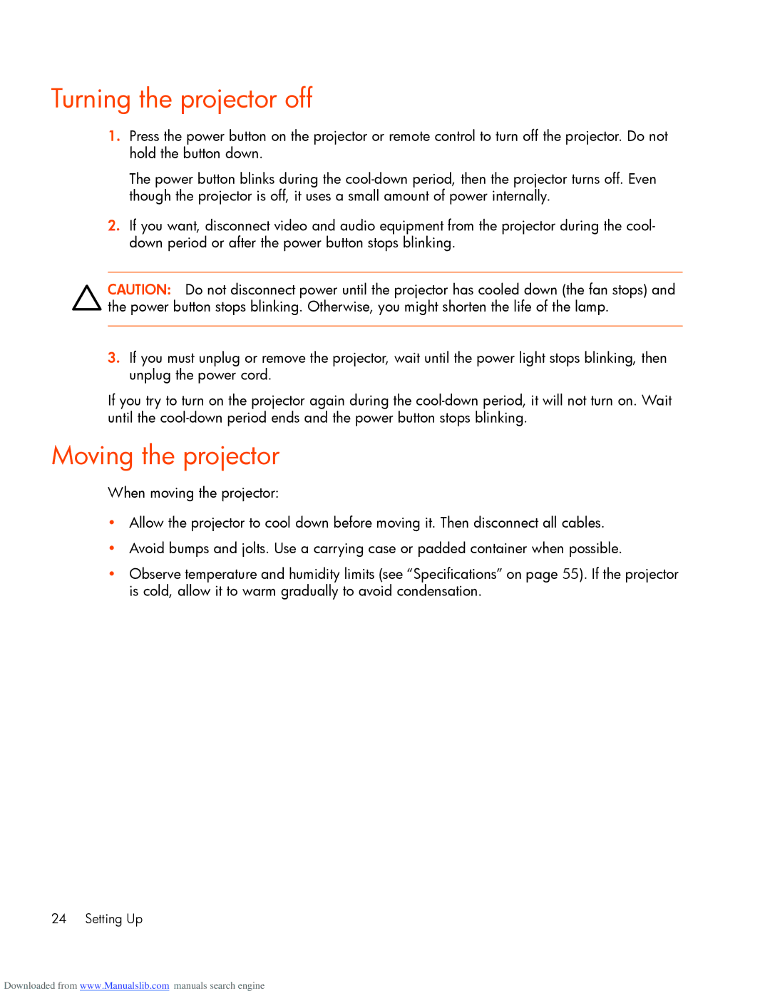 HP mp2220 manual Turning the projector off, Moving the projector 