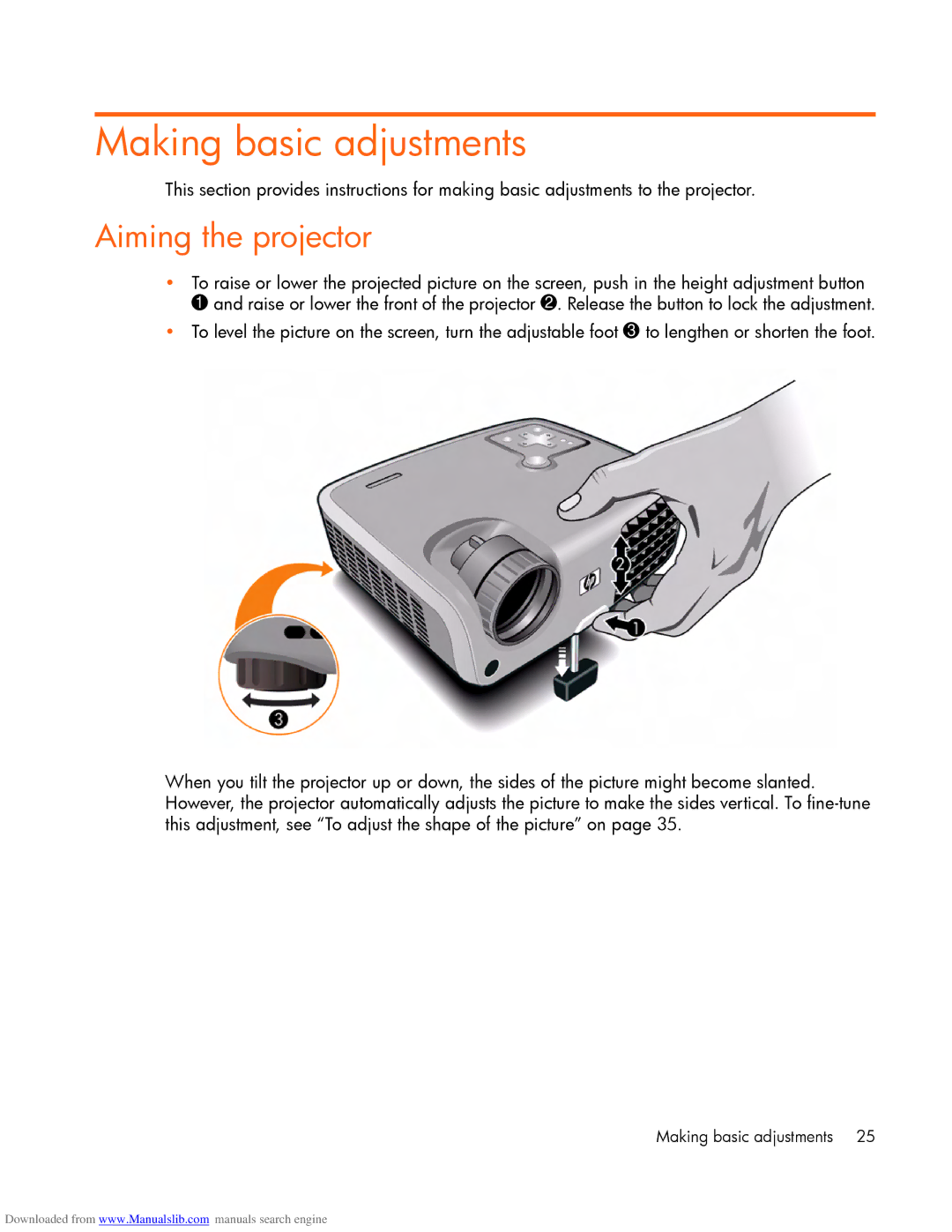 HP mp2220 manual Making basic adjustments, Aiming the projector 