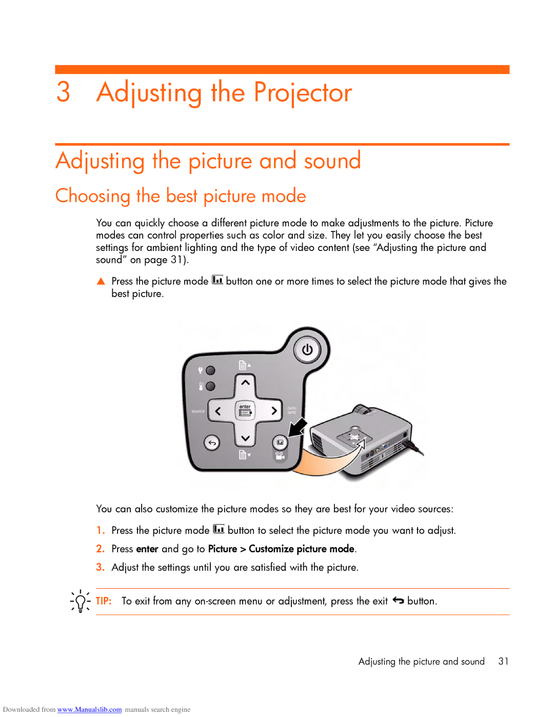 HP mp2220 manual Adjusting the Projector, Adjusting the picture and sound, Choosing the best picture mode 