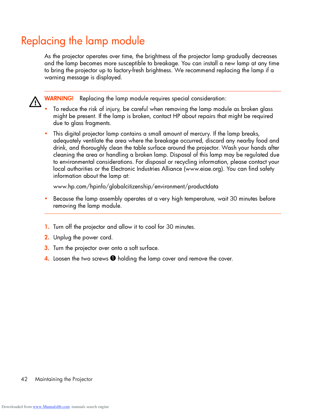 HP mp2220 manual Replacing the lamp module 