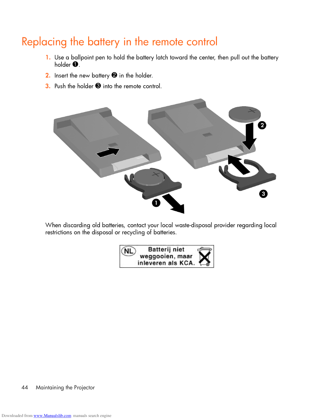 HP mp2220 manual Replacing the battery in the remote control 