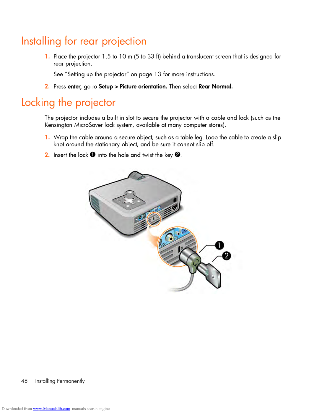 HP mp2220 manual Installing for rear projection, Locking the projector 