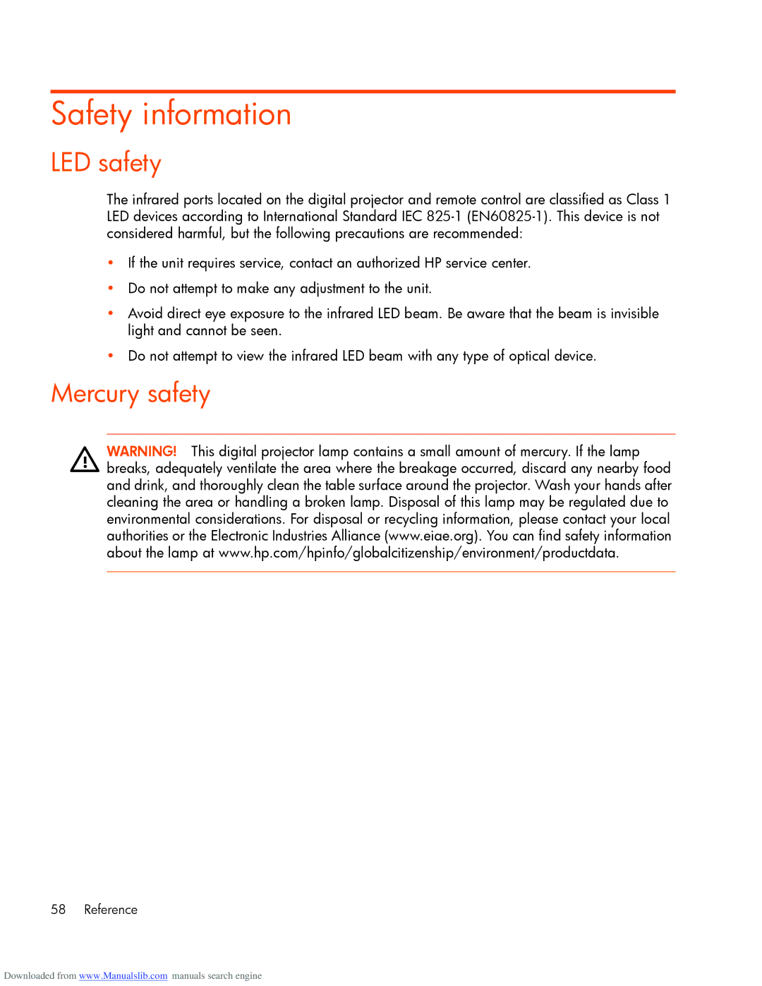 HP mp2220 manual Safety information, LED safety, Mercury safety 