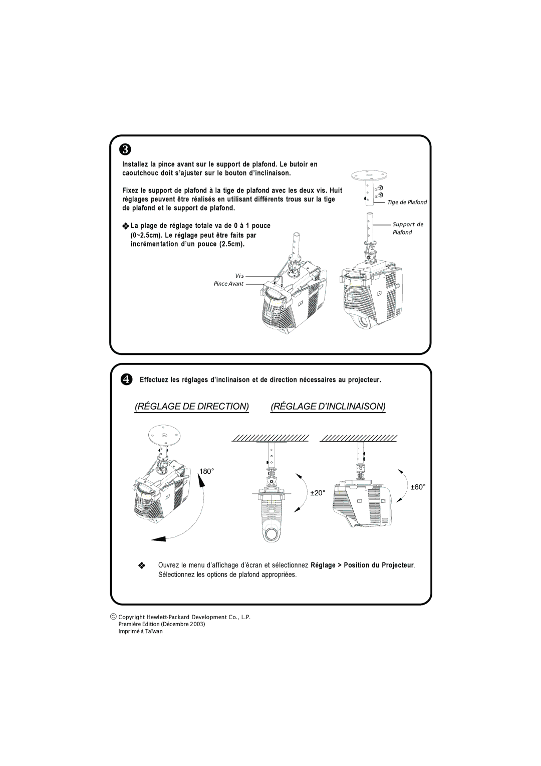 HP mp3130 manual Réglage DE Direction Réglage D’INCLINAISON 