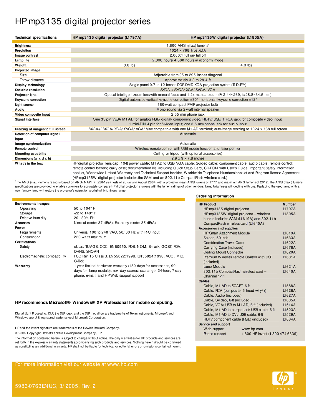 HP mp3135 manual 5983-0763ENUC, 3/2005, Rev 