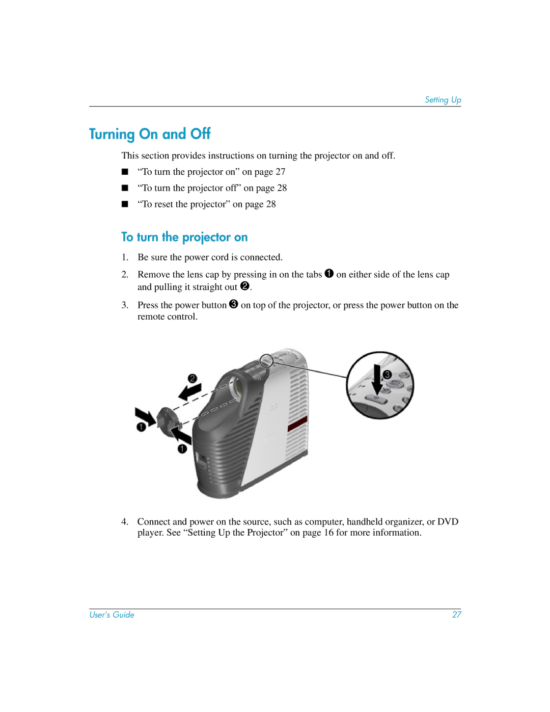 HP mp3135w manual Turning On and Off, To turn the projector on 