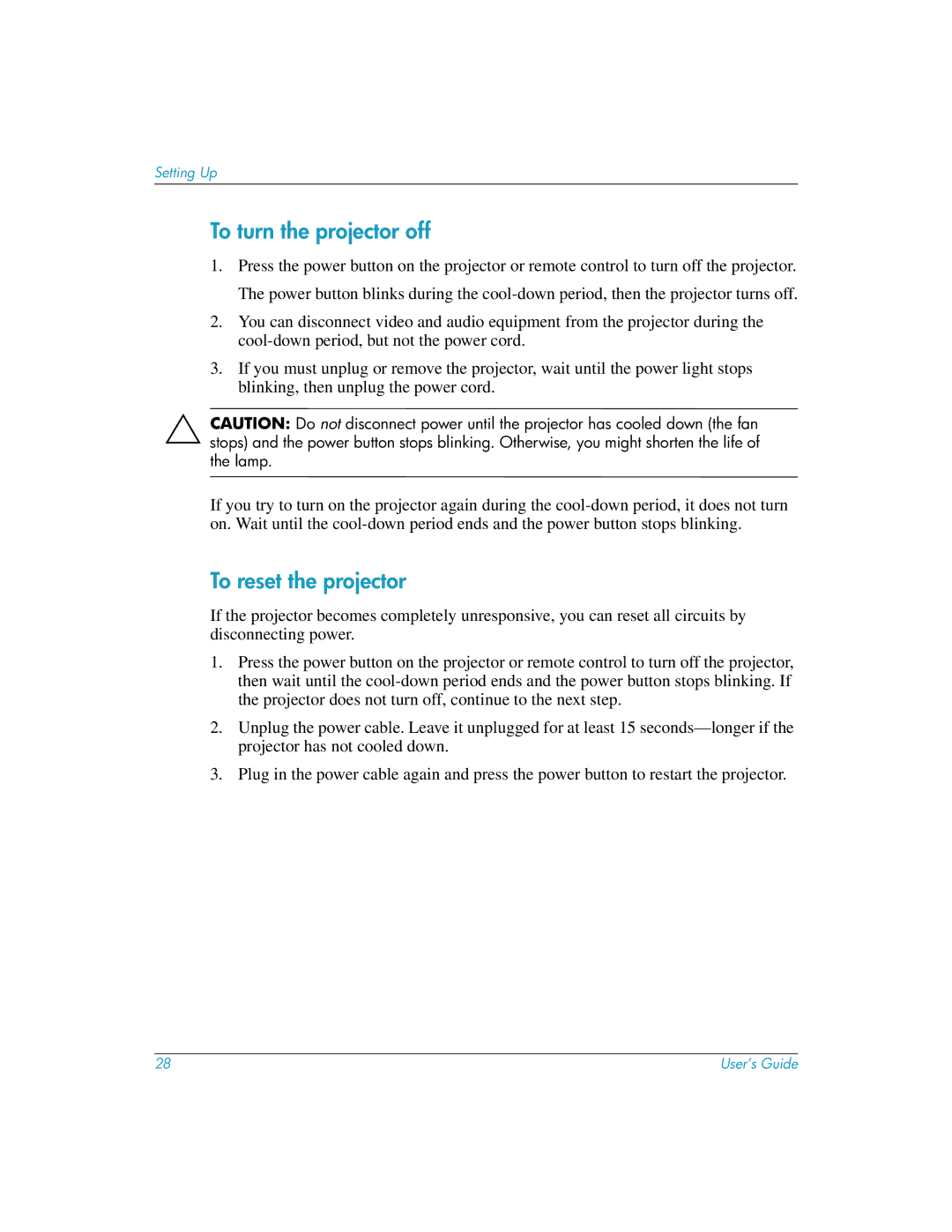 HP mp3135w manual To turn the projector off, To reset the projector 