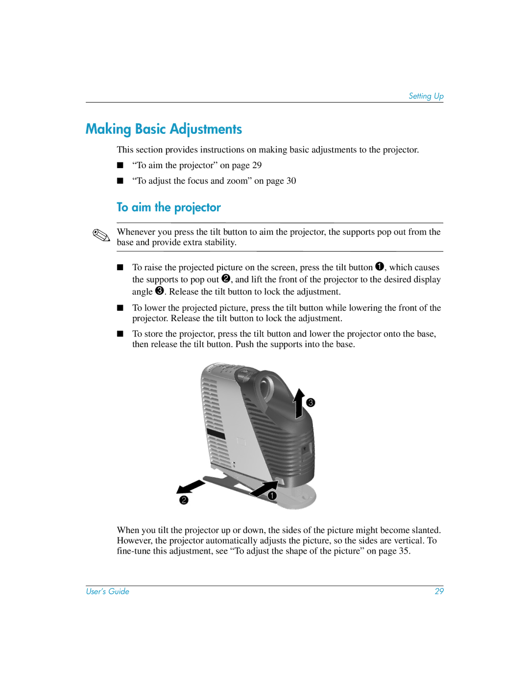 HP mp3135w manual Making Basic Adjustments, To aim the projector 