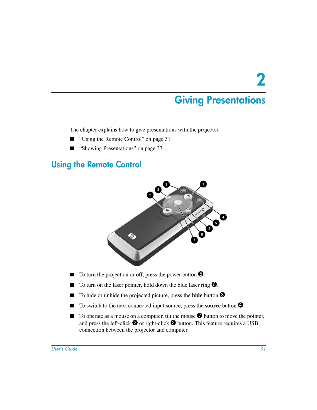 HP mp3135w manual Giving Presentations, Using the Remote Control 