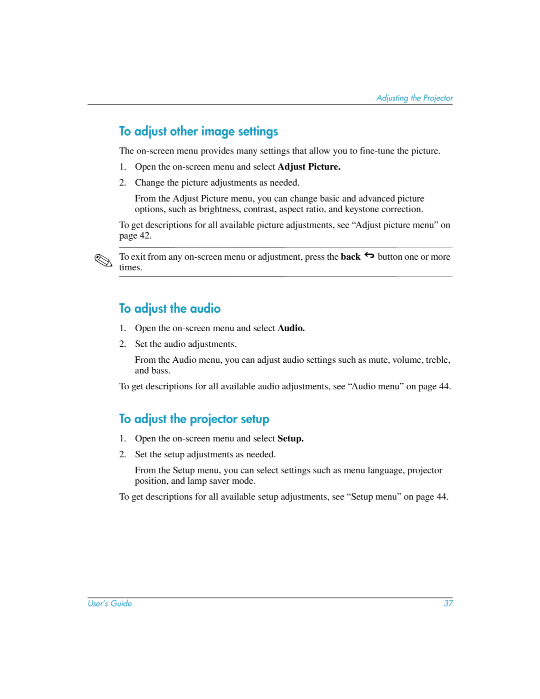 HP mp3135w manual To adjust other image settings, To adjust the audio, To adjust the projector setup 