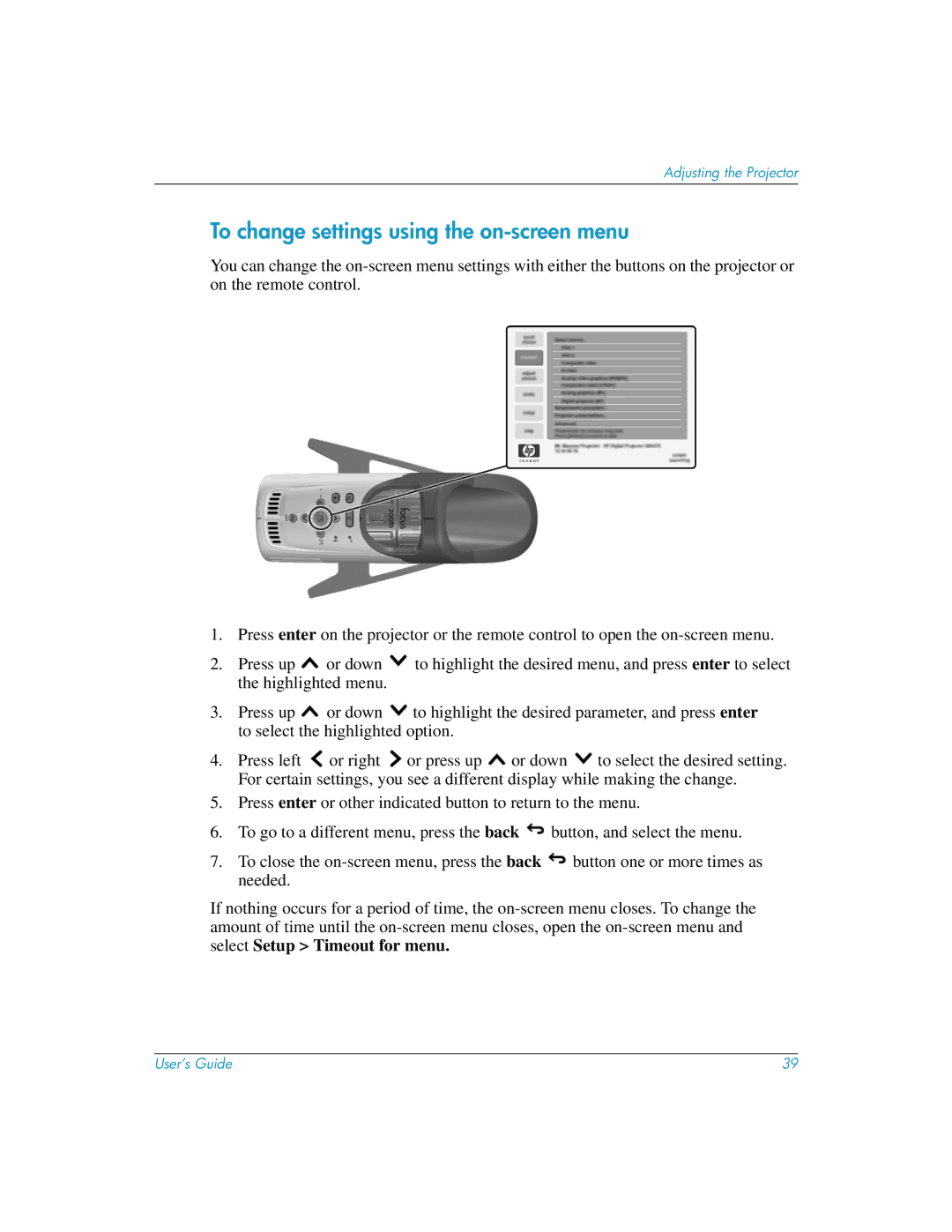 HP mp3135w manual To change settings using the on-screen menu 