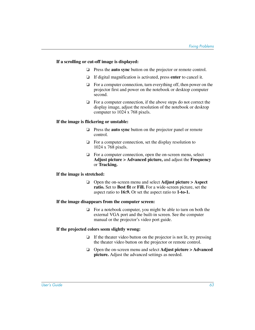 HP mp3135 If a scrolling or cut-off image is displayed, If the image is flickering or unstable, If the image is stretched 