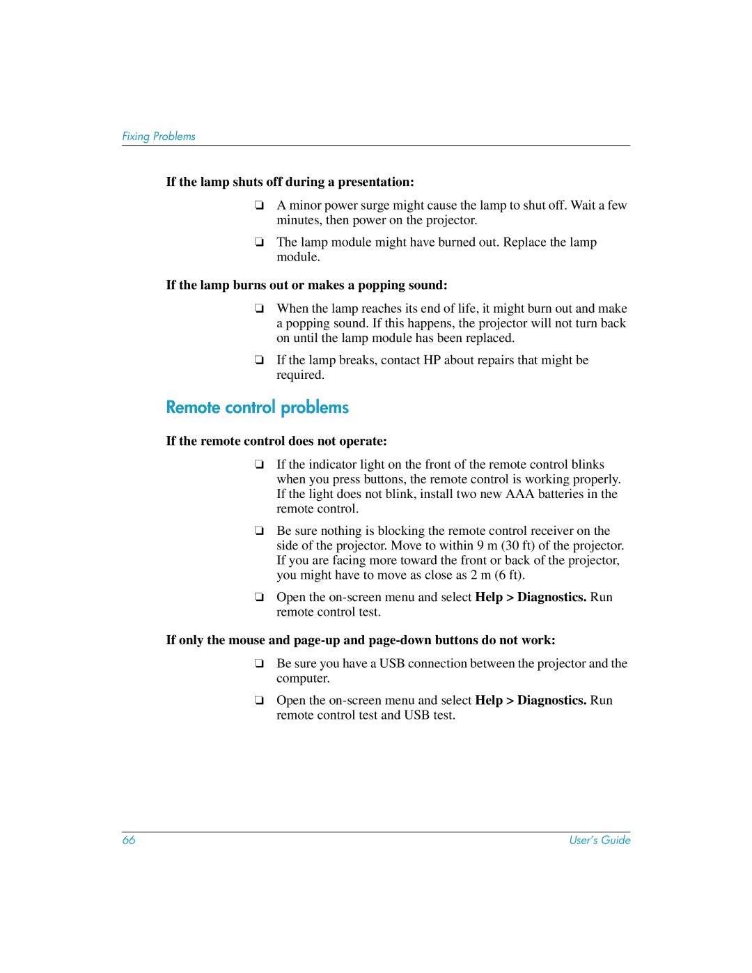 HP mp3135w Remote control problems, If the lamp shuts off during a presentation, If the remote control does not operate 