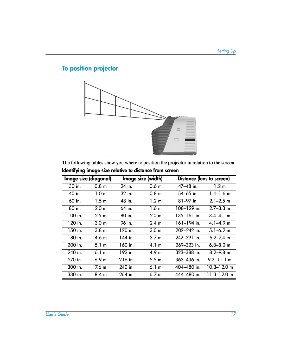 HP mp3135w manual To position projector, Identifying image size relative to distance from screen, Image size diagonal 