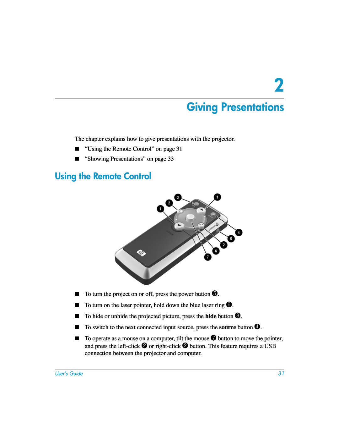 HP mp3135w manual Giving Presentations, Using the Remote Control 