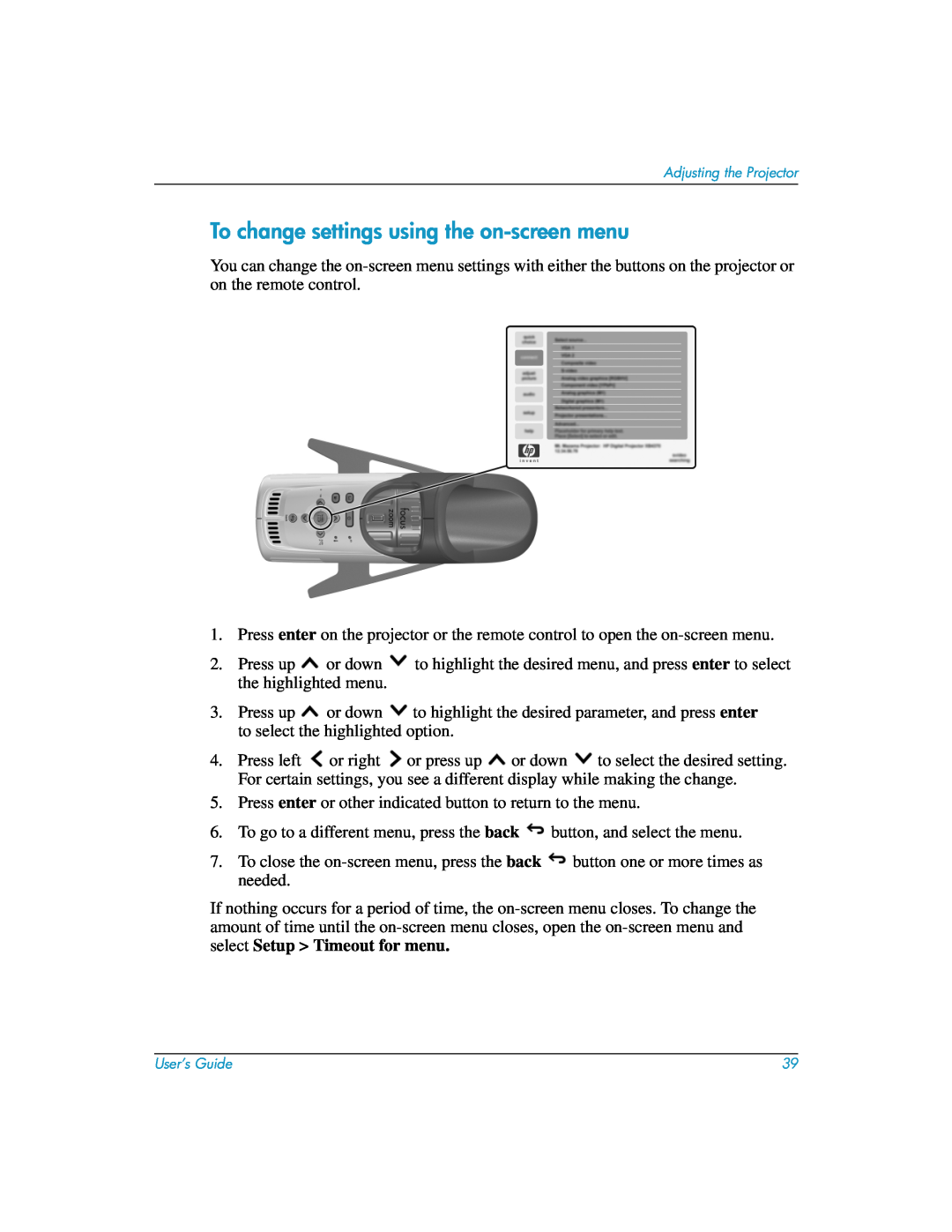 HP mp3135w manual To change settings using the on-screen menu 
