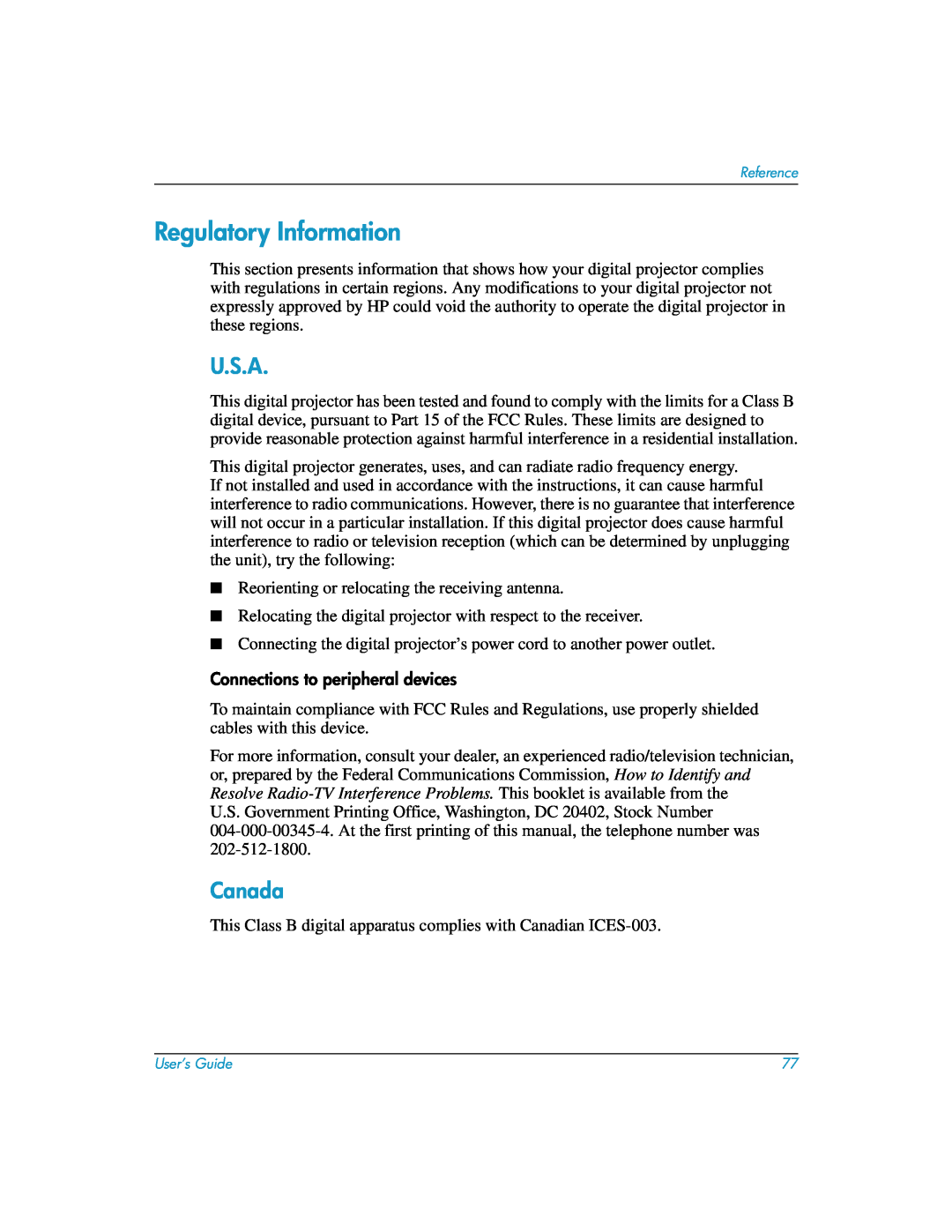 HP mp3135w manual Regulatory Information, U.S.A, Canada 