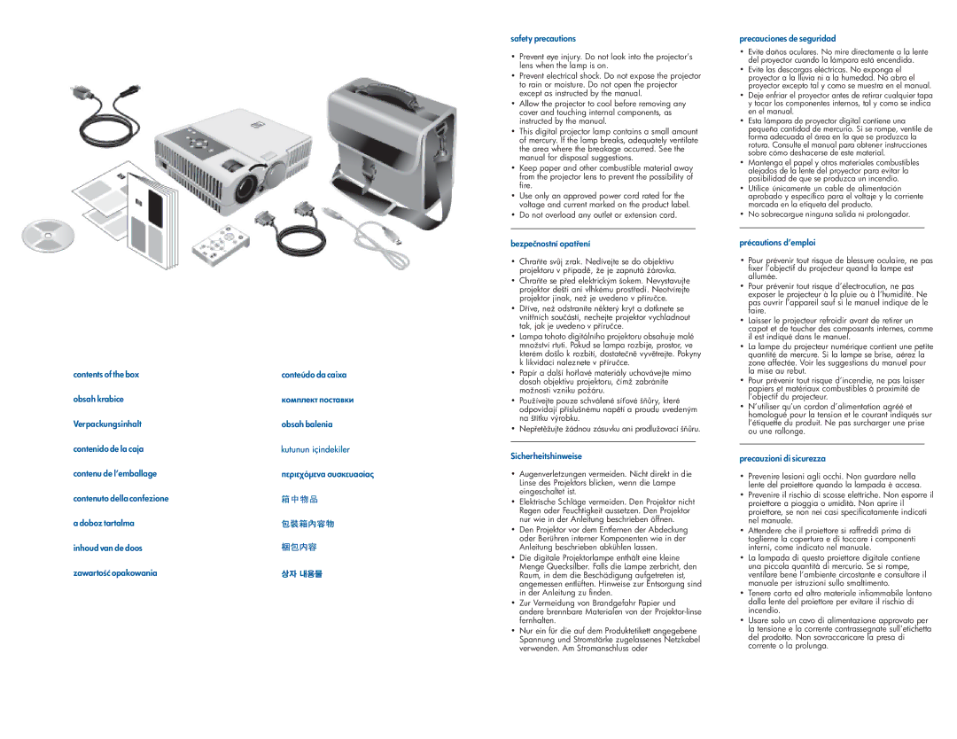 HP mp3222 Contents of the box, Bezpečnostní opat, Sicherheitshinweise, Precauciones de seguridad, Précautions d’emploi 