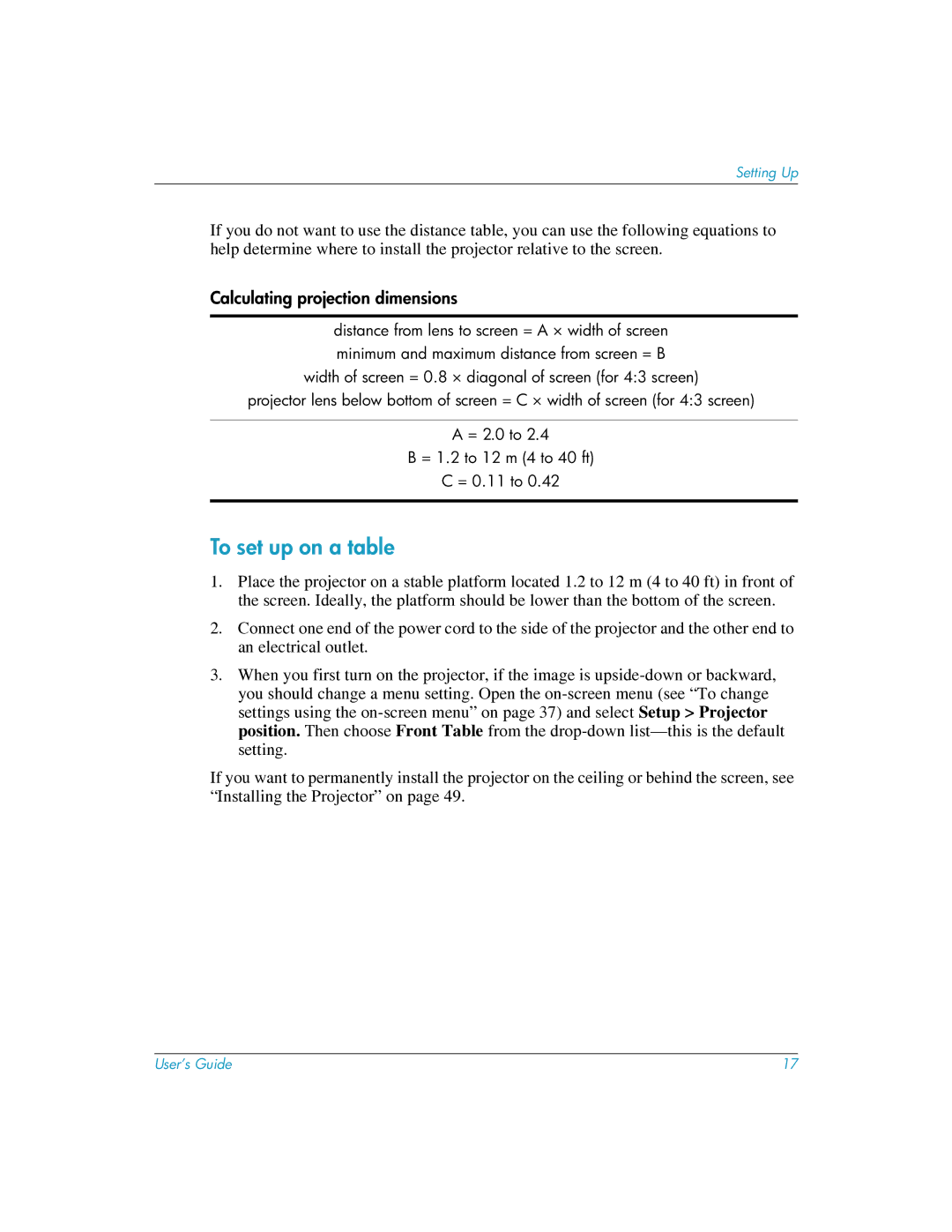 HP mp3222 manual To set up on a table, Calculating projection dimensions 