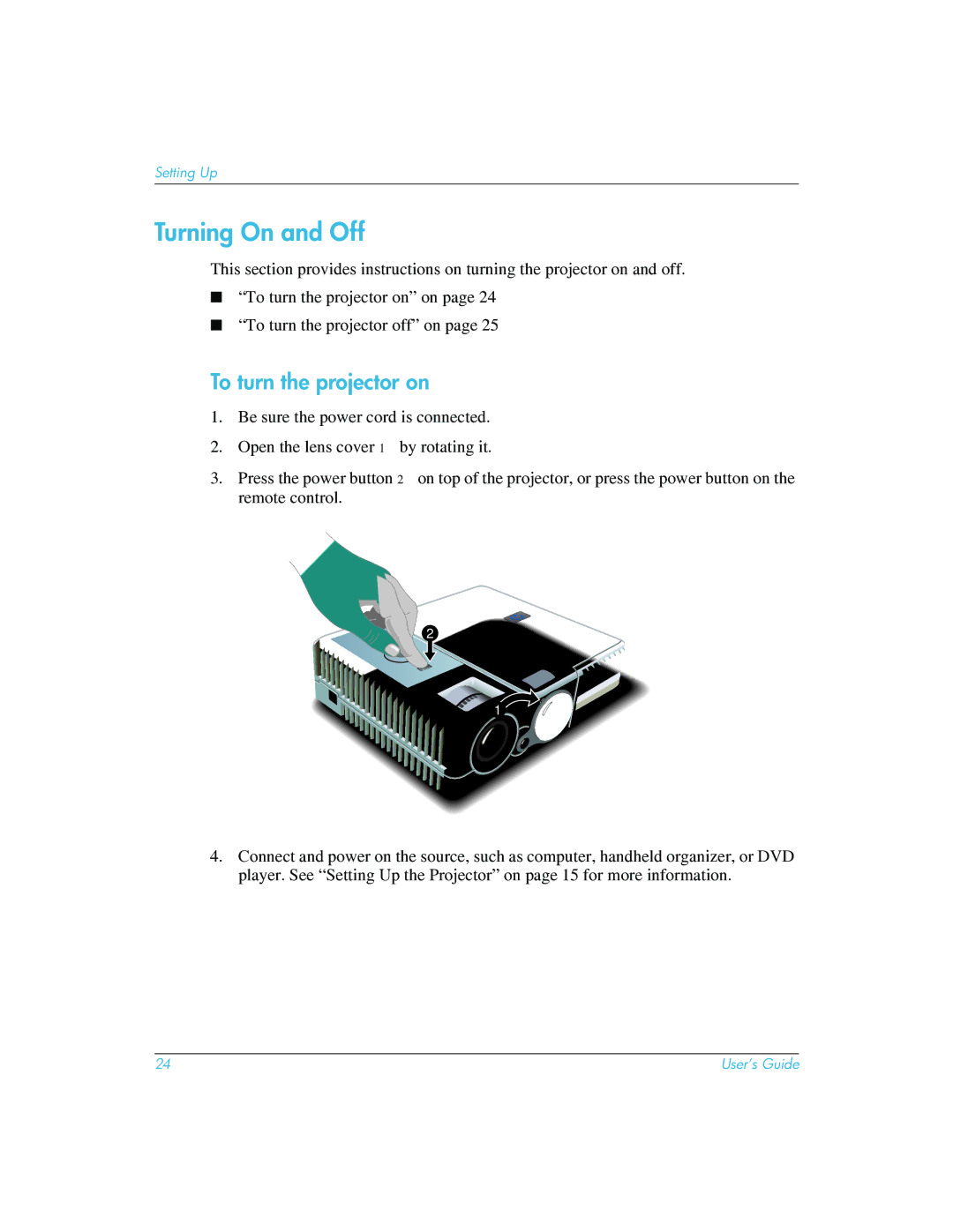 HP mp3222 manual Turning On and Off, To turn the projector on 