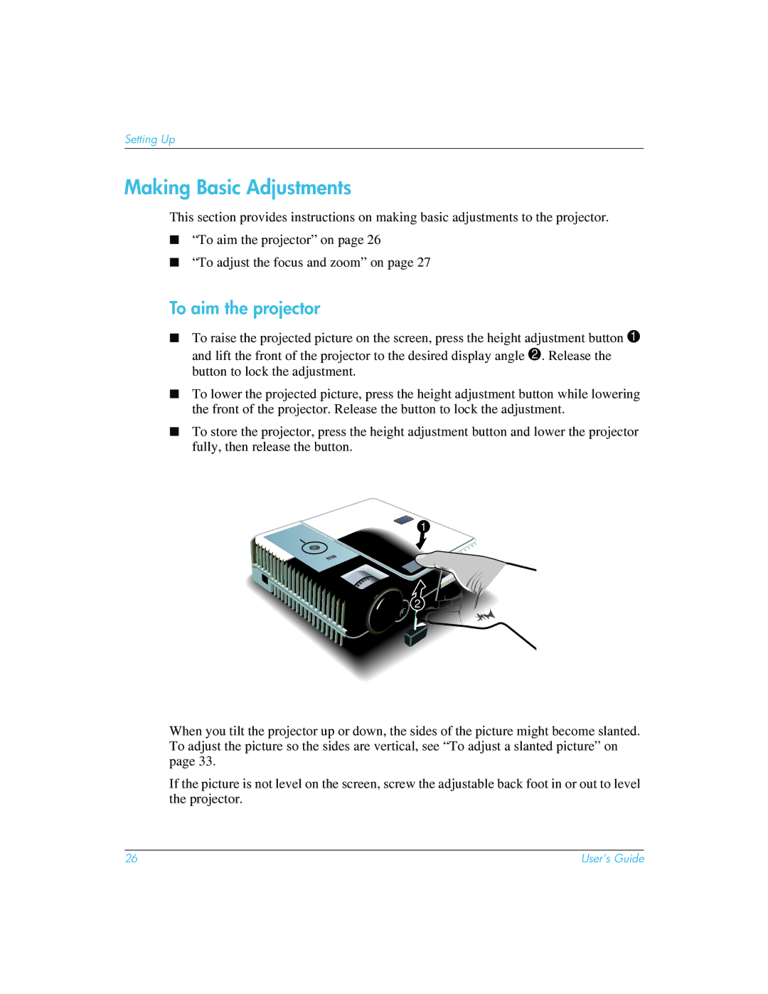 HP mp3222 manual Making Basic Adjustments, To aim the projector 