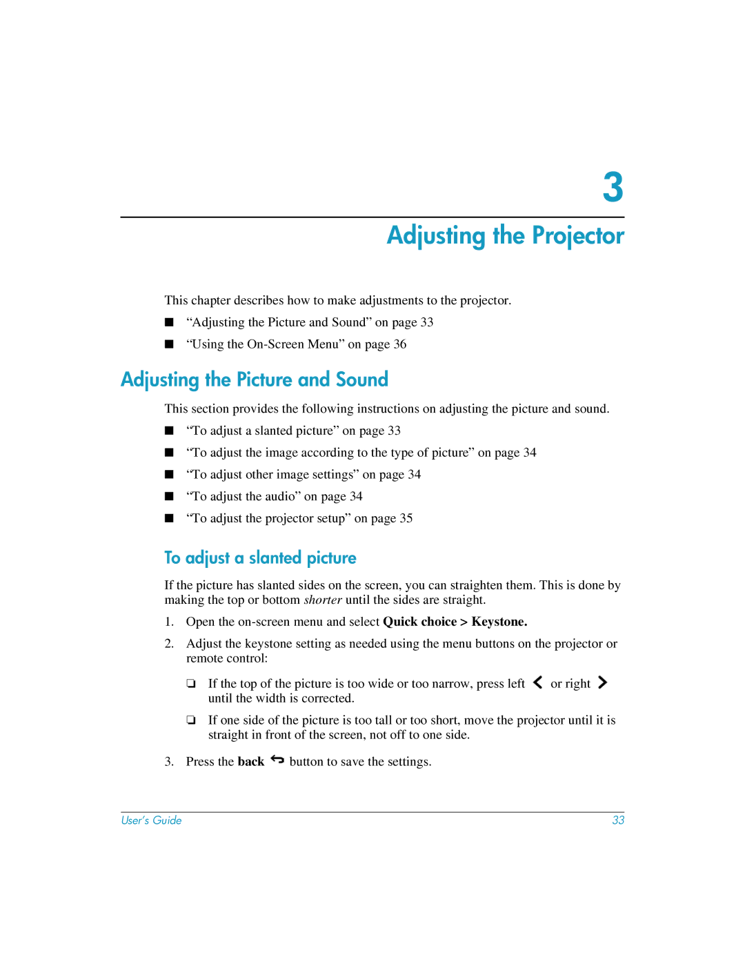 HP mp3222 manual Adjusting the Projector, Adjusting the Picture and Sound, To adjust a slanted picture 