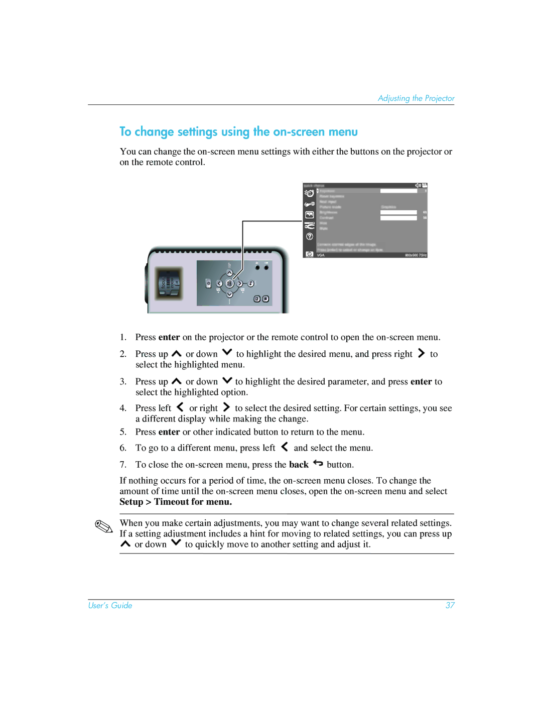 HP mp3222 manual To change settings using the on-screen menu, Or down to quickly move to another setting and adjust it 