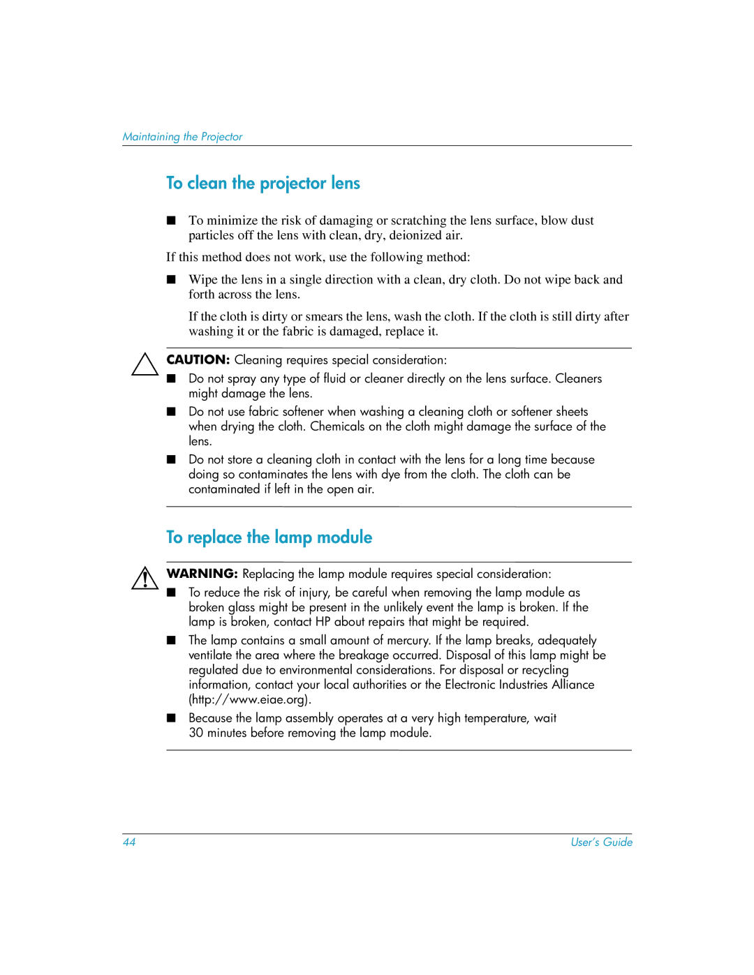 HP mp3222 manual To clean the projector lens, To replace the lamp module 