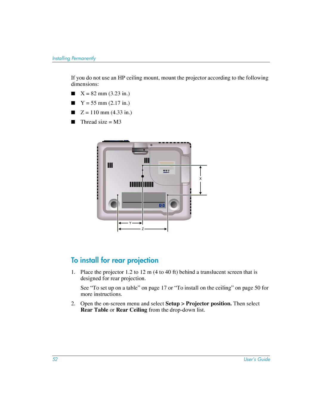 HP mp3222 manual To install for rear projection 