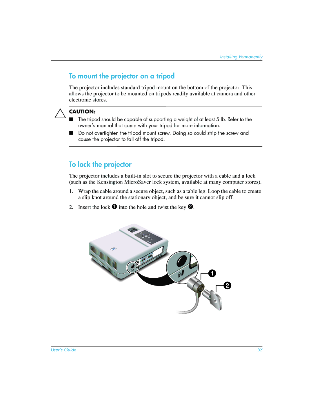 HP mp3222 To mount the projector on a tripod, To lock the projector, Insert the lock 1 into the hole and twist the key 