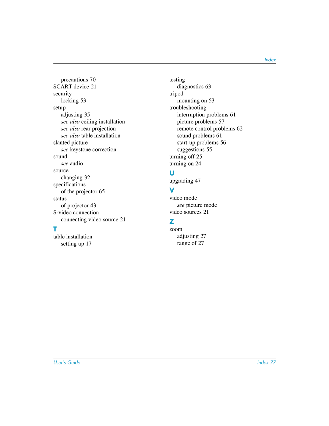 HP mp3222 manual Locking 53 setup Adjusting, Slanted picture See keystone correction sound, Projector 65 status 