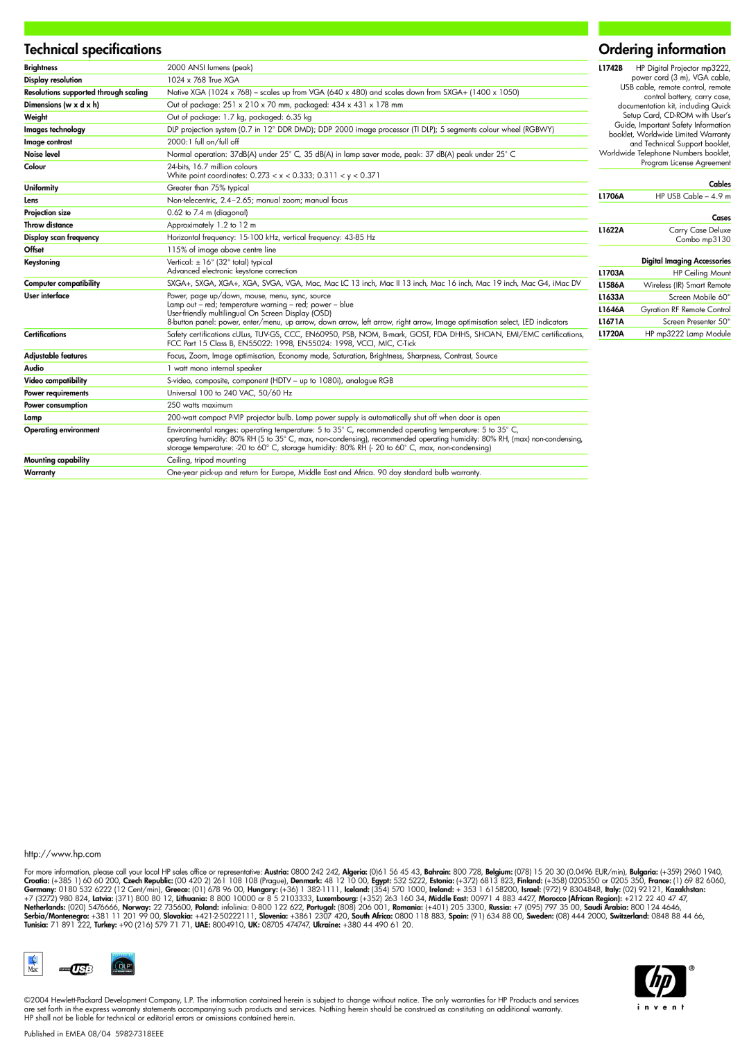 HP mp3222 manual Technical specifications, Ordering information 