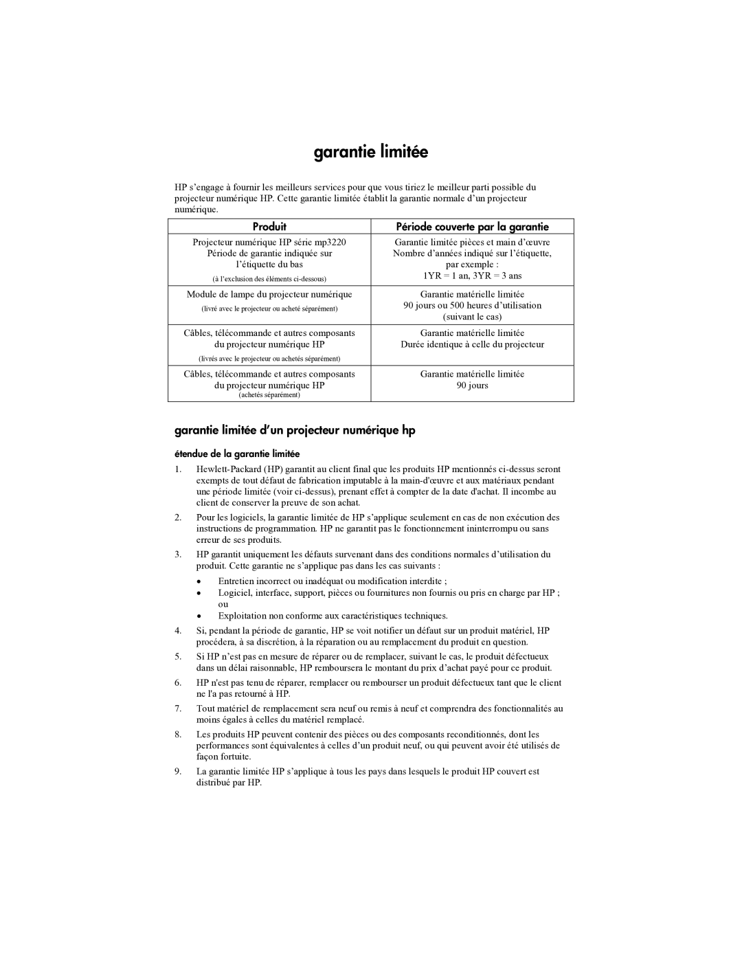 HP mp3322 manual Garantie limitée d’un projecteur numérique hp, Produit Période couverte par la garantie 