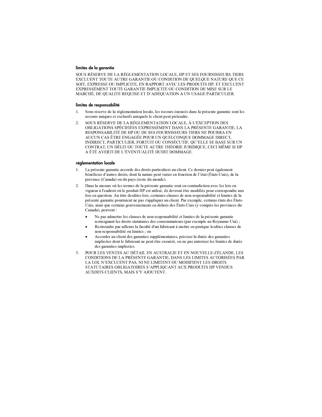 HP mp3322 manual Limites de la garantie, Limites de responsabilité, Réglementation locale 