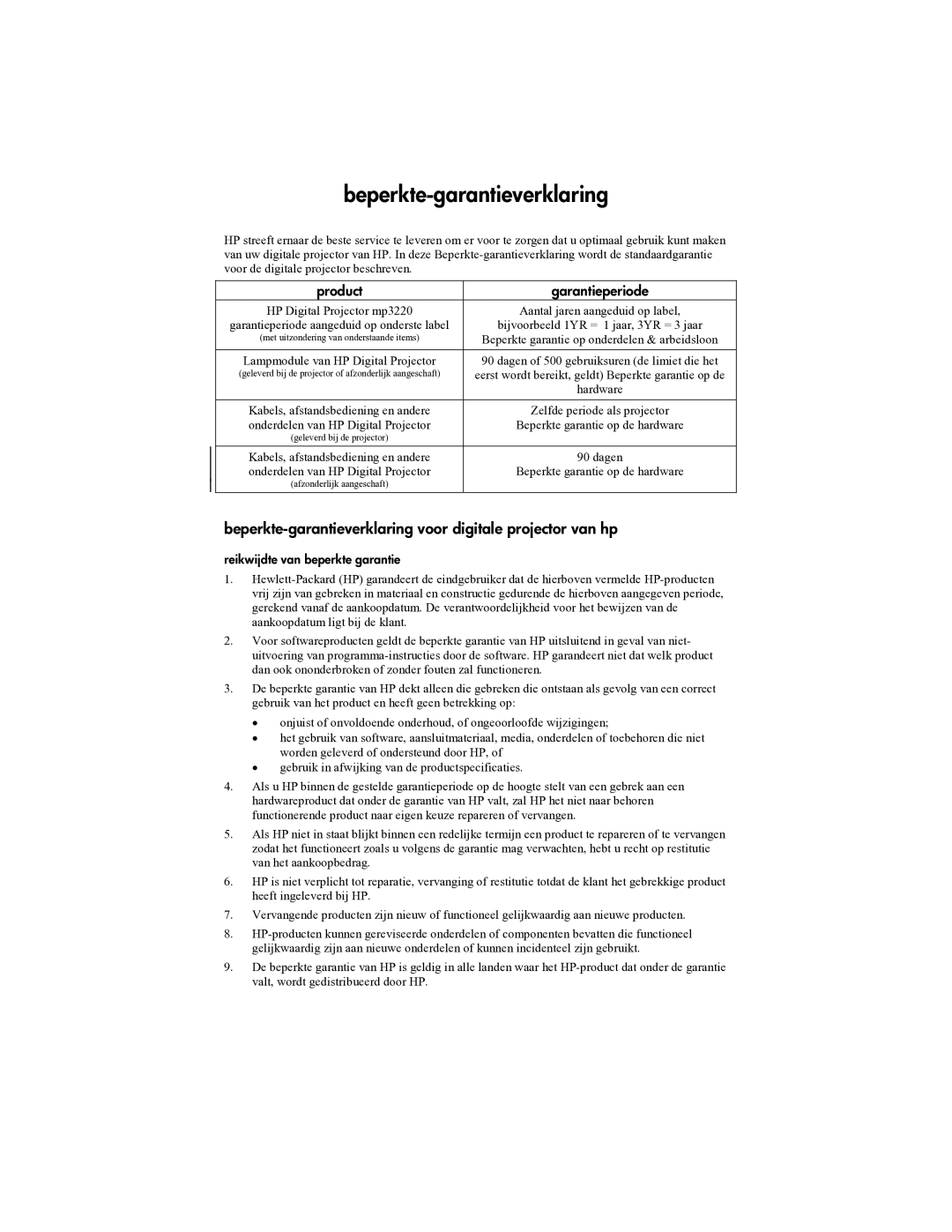 HP mp3322 manual Beperkte-garantieverklaring voor digitale projector van hp, Product Garantieperiode 