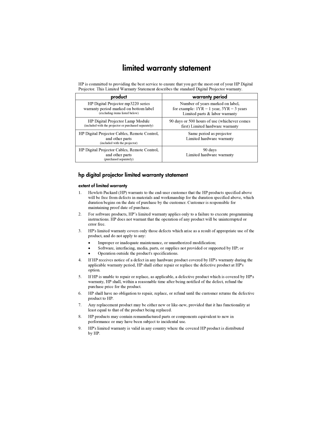 HP mp3322 Limited warranty statement, Hp digital projector limited warranty statement, Product, Extent of limited warranty 