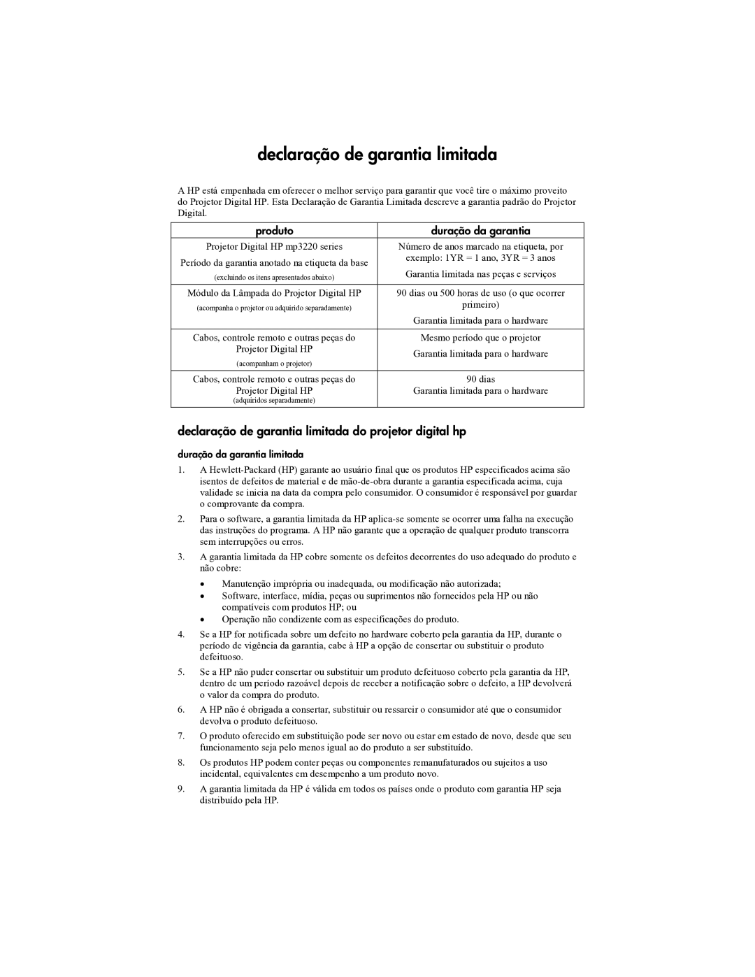 HP mp3322 manual Declaração de garantia limitada do projetor digital hp, Produto Duração da garantia 