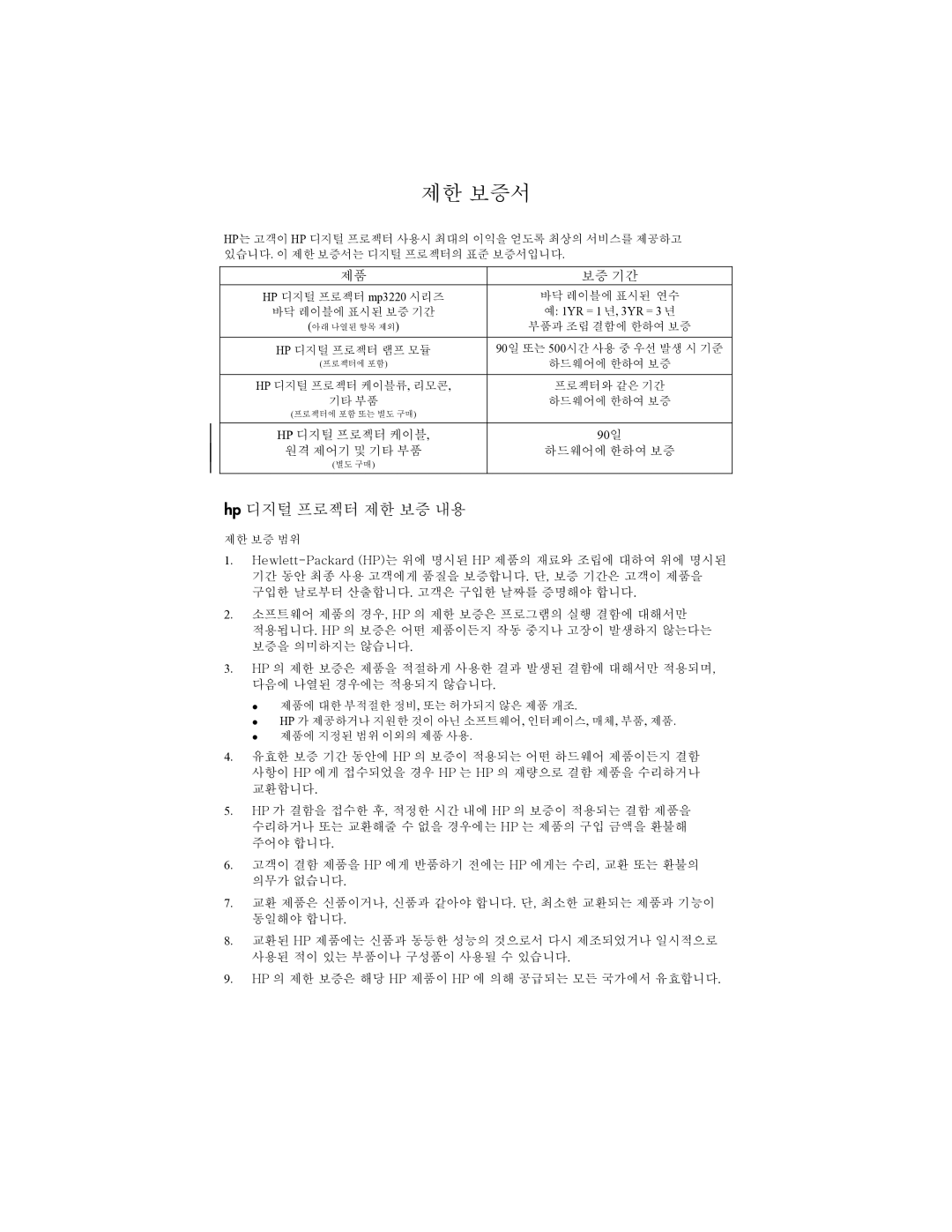 HP mp3322 manual 제한 보증서 