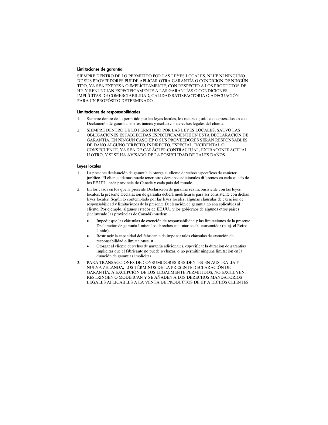 HP mp3322 manual Limitaciones de garantía, Limitaciones de responsabilidades, Leyes locales 
