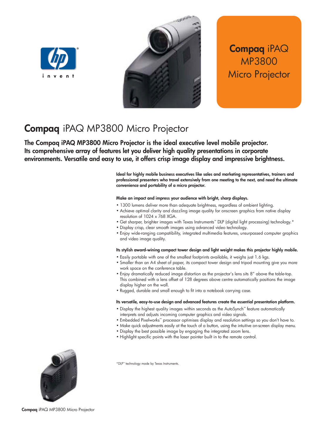 HP manual Compaq iPAQ MP3800 Micro Projector 