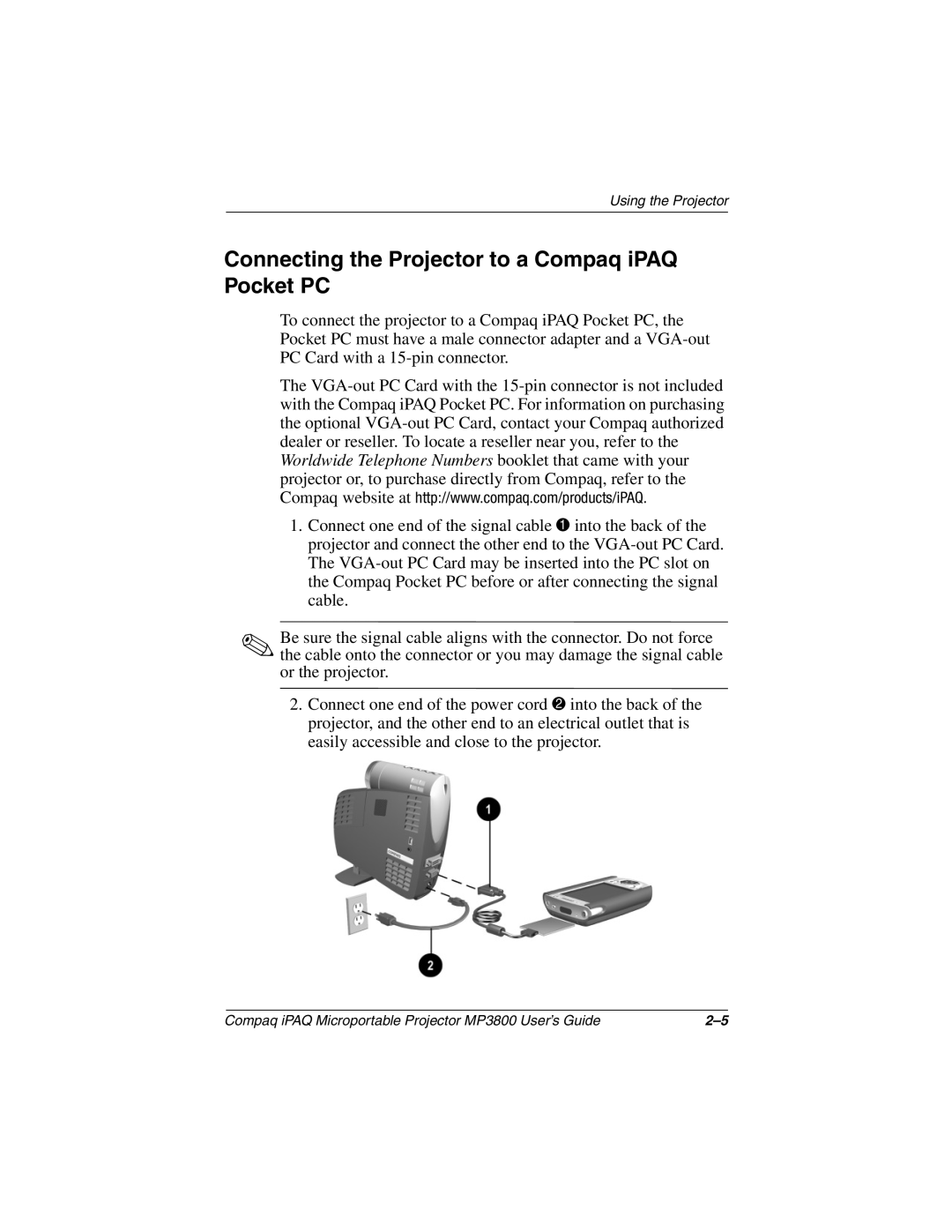 HP MP3800 manual Connecting the Projector to a Compaq iPAQ Pocket PC 