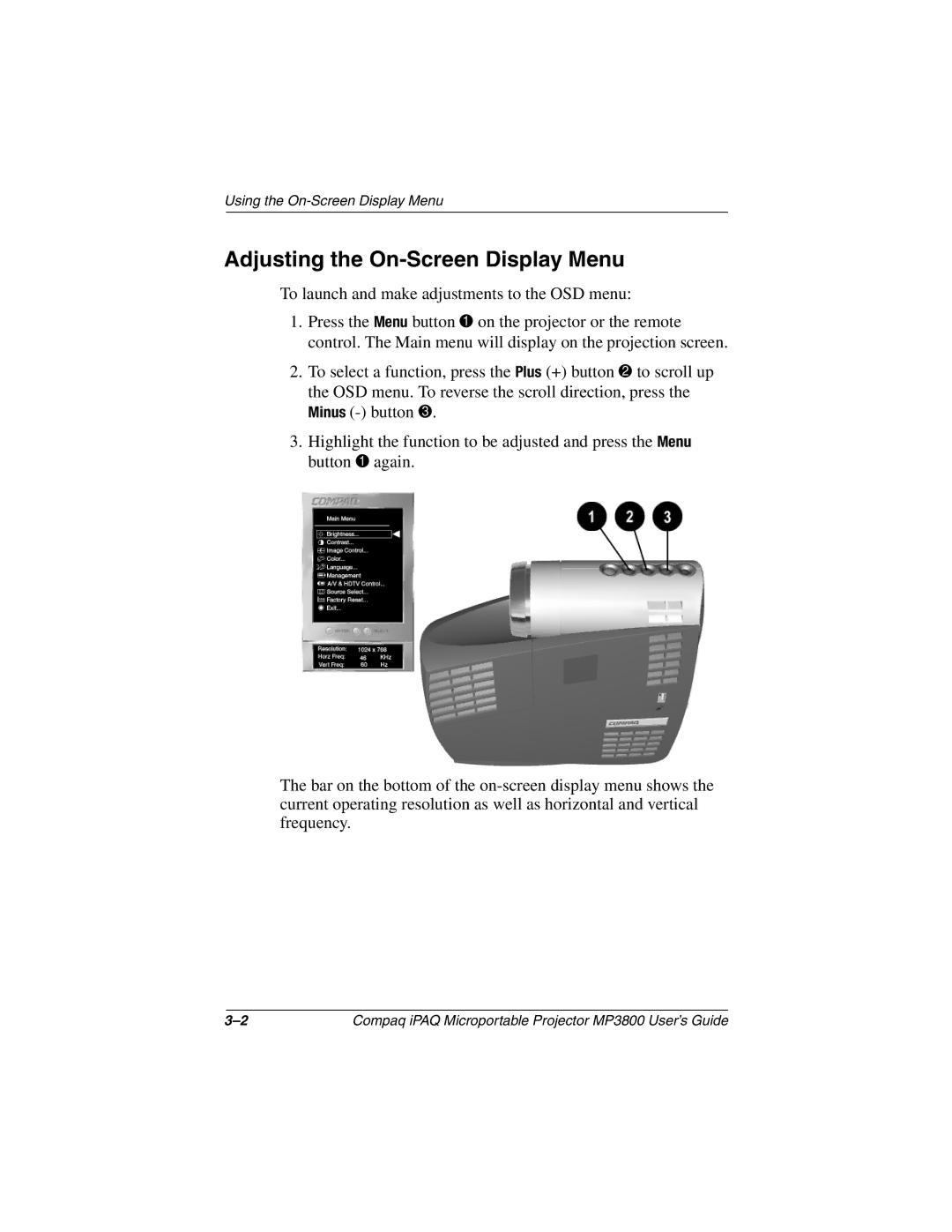 HP MP3800 manual Adjusting the On-Screen Display Menu 