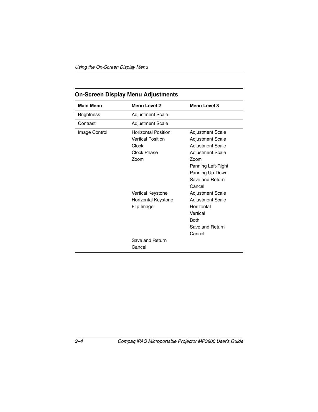 HP MP3800 manual On-Screen Display Menu Adjustments 