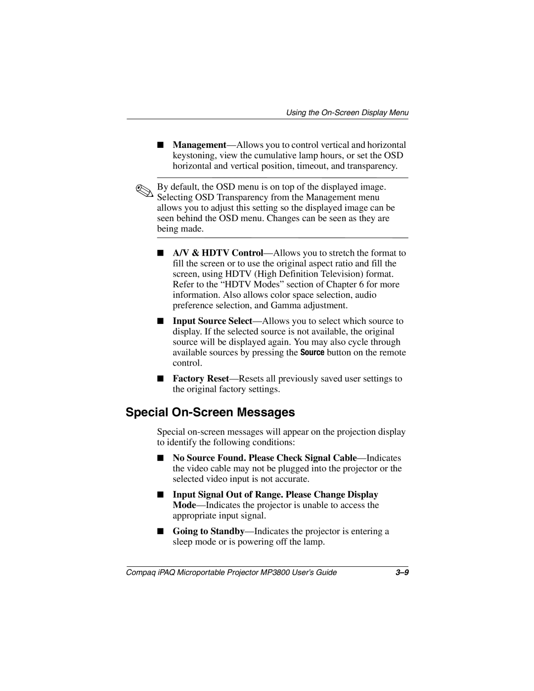 HP MP3800 manual Special On-Screen Messages 