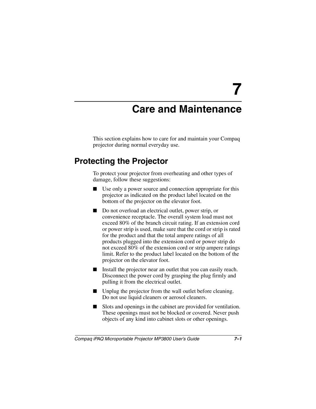 HP MP3800 manual Care and Maintenance, Protecting the Projector 