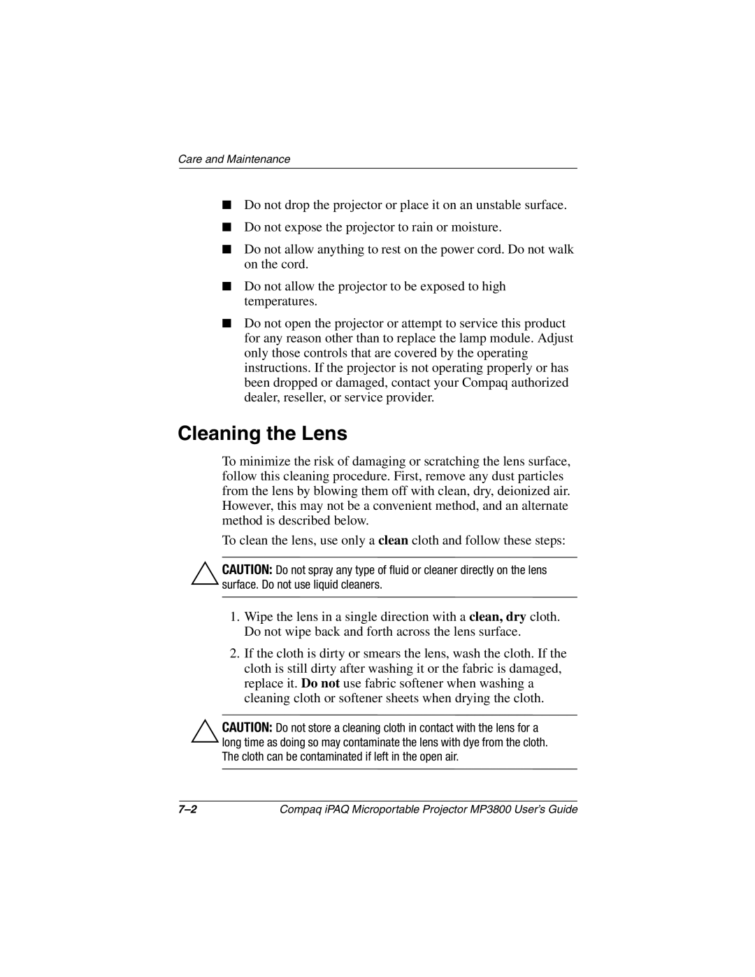 HP MP3800 manual Cleaning the Lens 